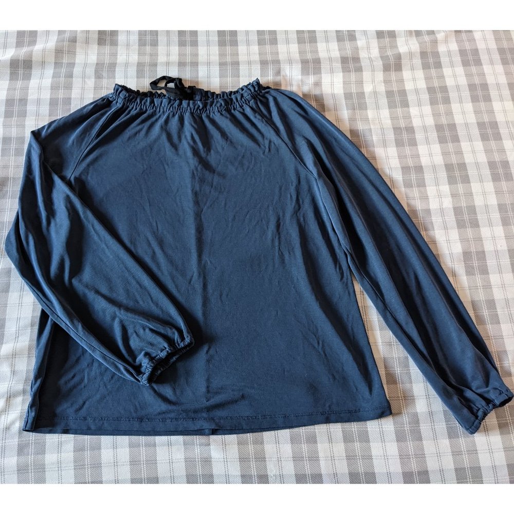 LOFT Long Puff Sleeve Blue Modal Drawstring Blouse (Size Small)
